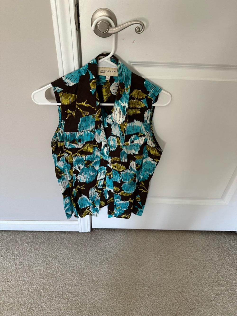 Jones New York Sport Brown Blouse with Teal & Olive Brushprint